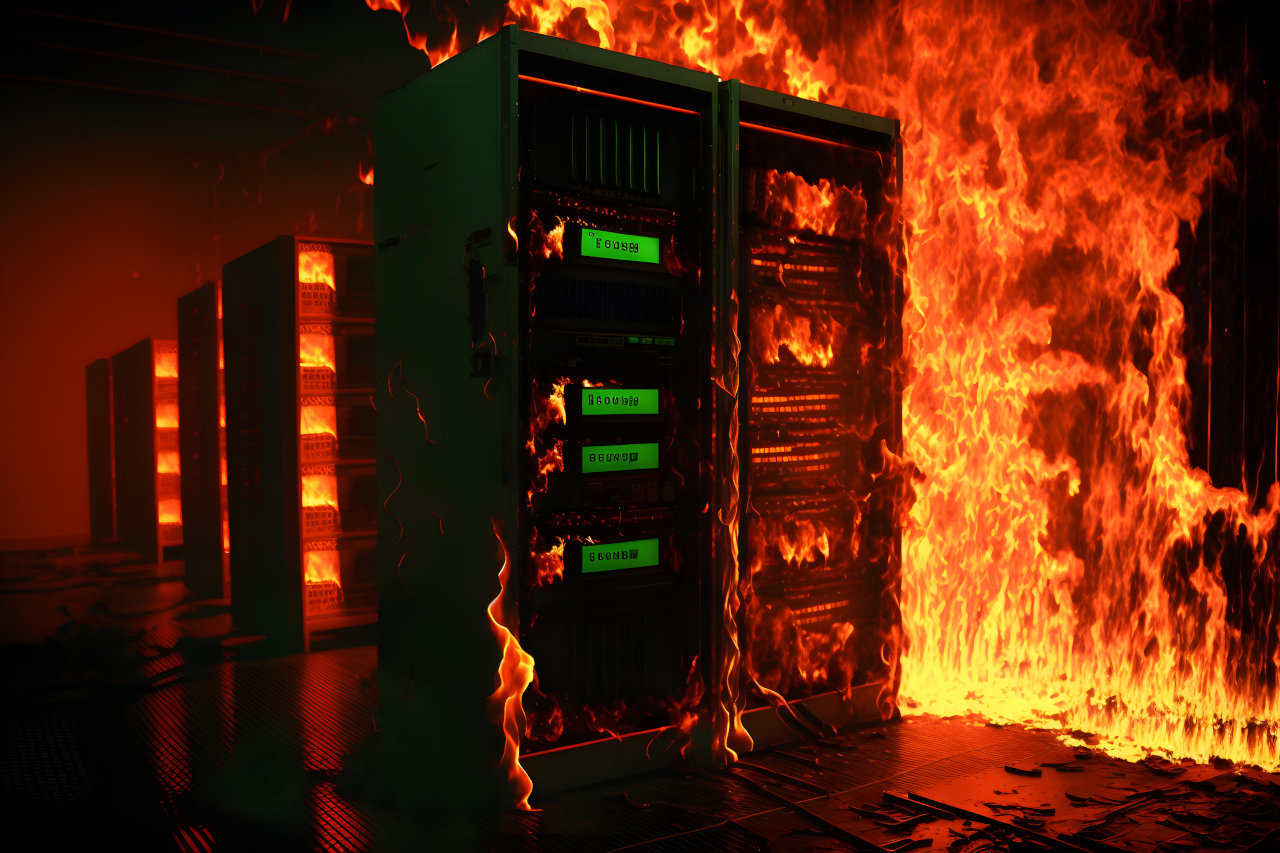 Disaster in server room or data center storage room on fire burning. Neural network generated art