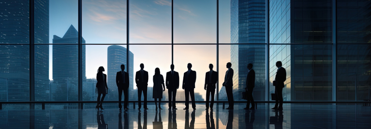 Silhouettes of people at a modern office building